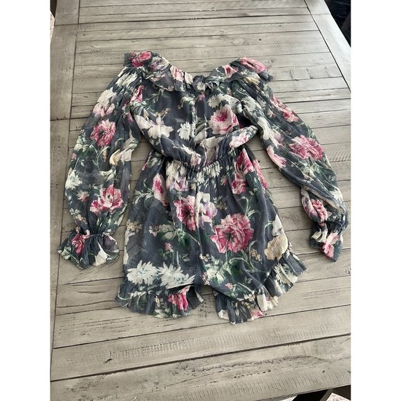 ZIMMERMANN Grey Floral Printed Silk Iris Cold-Shoulder Jumpsuit Size 1 Small - Picture 4 of 4